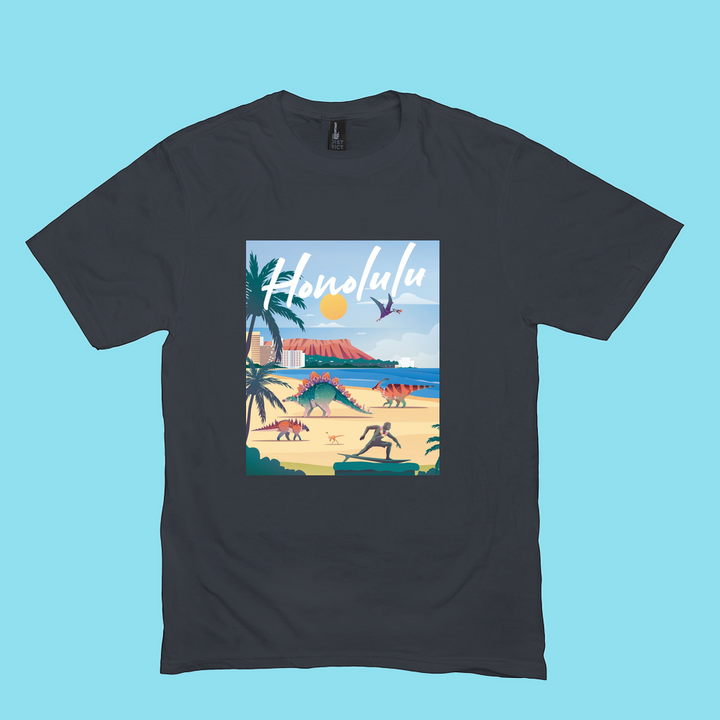 The Men Honolulu T-Shirt by Jurassic Studio is a black 100% cotton tee with a vivid beach scene and Honolulu in bold script—perfect for island lovers or as a unique gift for Jurassic Studio fans.