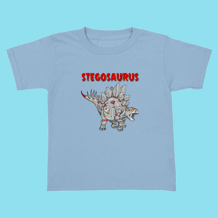 The Toddler Robot Stegosaurus T-Shirt by Jurassic Studio features a cartoon stegosaurus with robotic armor and red eyes under bold STEGOSAURUS text—an ideal light blue gift for young dinosaur fans.