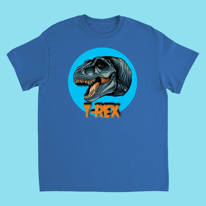 The Kids T-Rex Head T-Shirt by Jurassic Studio features an illustrated T-Rex inside a light blue circle with bold orange T-REX text below—a perfect gift for dinosaur fans.