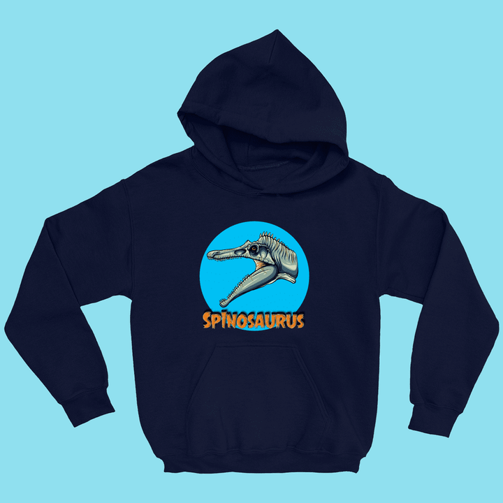 The Kids Spinosaurus Head Hoodie by Jurassic Studio features a cartoon Spinosaurus head in a blue circle, with bold orange SPINOSAURUS text below—an exclusive design shown on a light blue background.