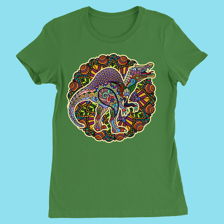 The Jurassic Studio Women Spinosaurus Mandala T-Shirt features a vibrant, intricate Spinosaurus design with geometric mandala patterns—an exclusive gift for dinosaur fans.