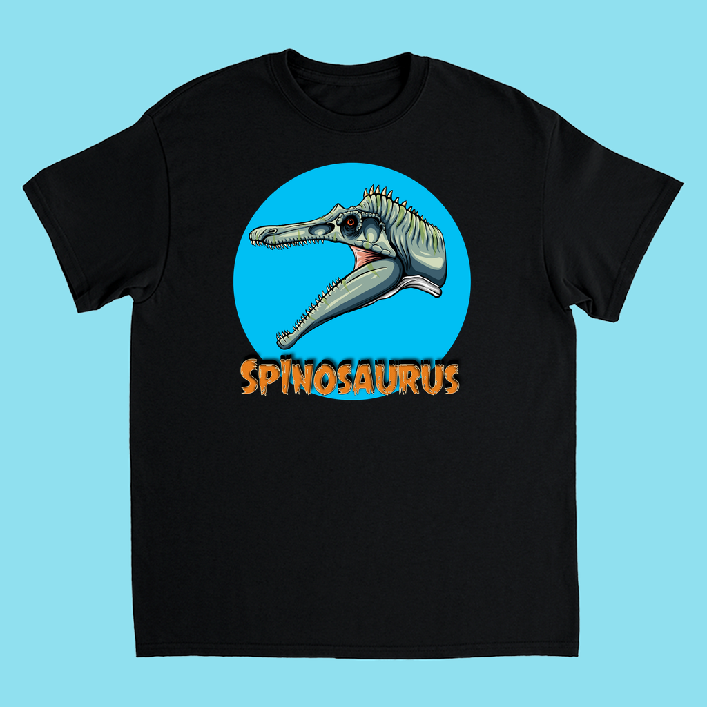 The Kids Spinosaurus Head T-Shirt by Jurassic Studio features a sharp-toothed Spinosaurus head in a blue circle, SPINOSAURUS in bold orange letters, and stands out on a light blue background.