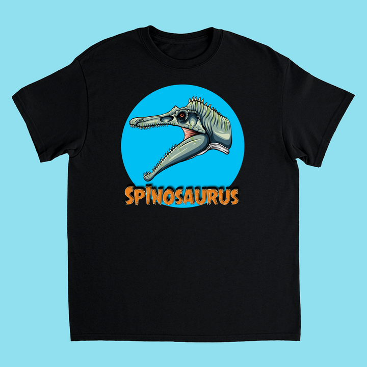 The Kids Spinosaurus Head T-Shirt by Jurassic Studio features a sharp-toothed Spinosaurus head in a blue circle, SPINOSAURUS in bold orange letters, and stands out on a light blue background.