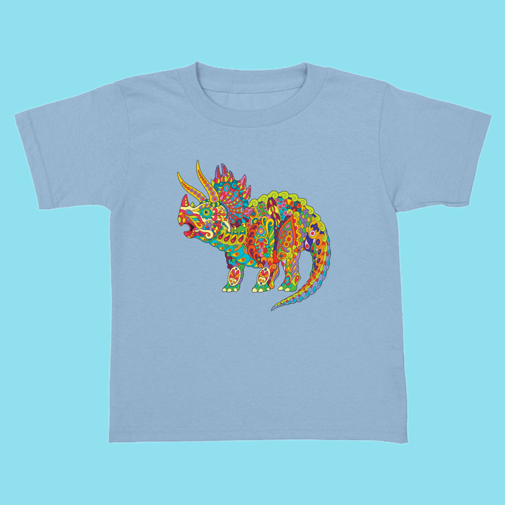 The Jurassic Studio Toddler Triceratops Zentangle T-Shirt features a light blue tee with a colorful patterned dinosaur—perfect gift for young dino fans!.