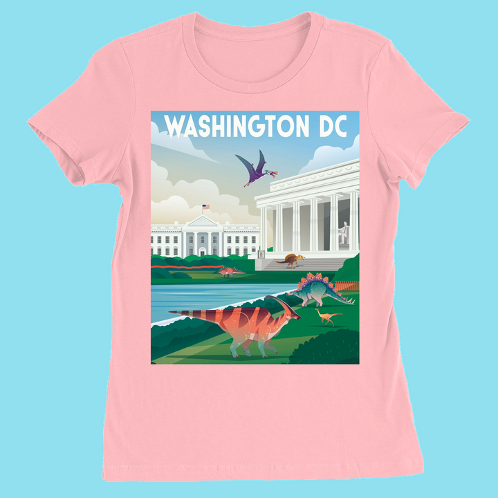 The Women Washington DC T-Shirt by Jurassic Studio features city landmarks with dinosaurs like T-rex and Stegosaurus, plus bold white WASHINGTON DC at the top—a perfect gift for dinosaur fans.