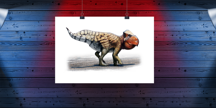 The Udanoceratops Poster by Jurassic Studio features realistic dinosaur artwork on a white sheet, displayed against a wooden wall awash in red, blue, and purple gradient lighting.
