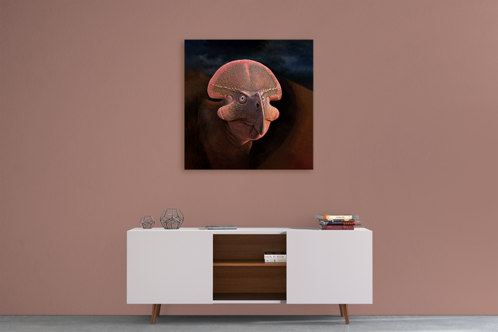 A modern living room with a mauve wall, a white sideboard, and minimalist decor features the Jurassic Studio Protoceratops Portrait Canvas Wrap—a striking painting of a dinosaur with a dome-shaped head on a dark background.