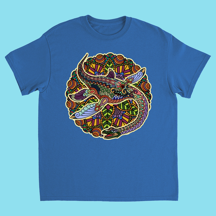 The Kids Plesiosaurus Mandala T-Shirt by Jurassic Studio showcases a vibrant circular mandala design of a plesiosaurus with colorful geometric patterns on a light blue background—perfect for dinosaur fans.