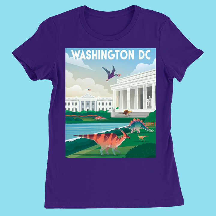Jurassic Studio’s Women Washington DC T-Shirt features dinosaurs by the White House and Lincoln Memorial with “WASHINGTON DC” above, all on a purple tee—a unique gift for dinosaur fans.