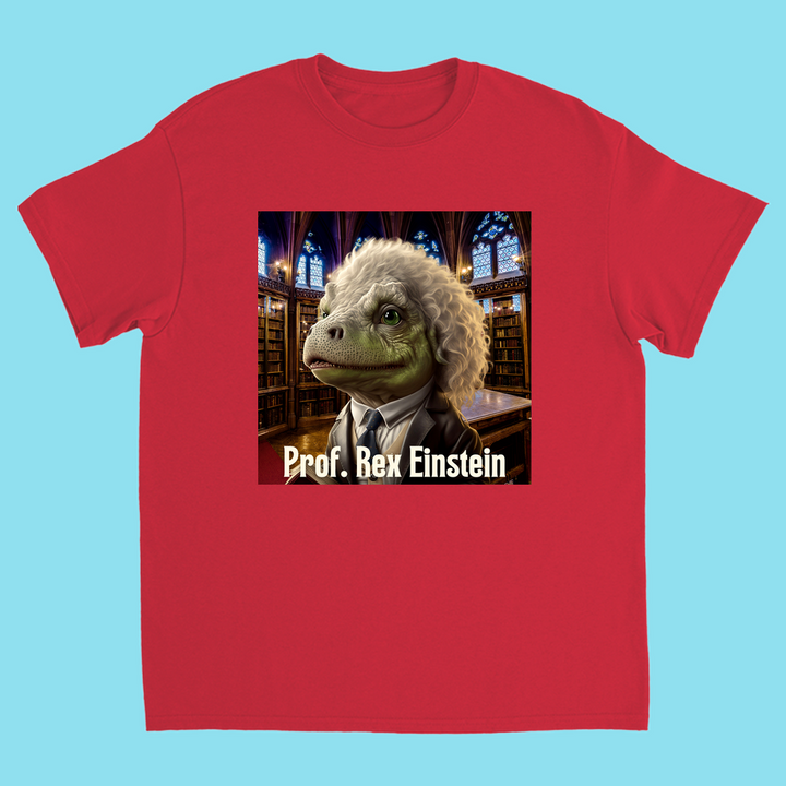 The Kids Prof. Rex Einstein Bond T-Shirt by Jurassic Studio features a dino in a wig and suit in a library, with Prof. Rex Einstein below. Made of 100% cotton, this playful tee has a comfy light blue background.