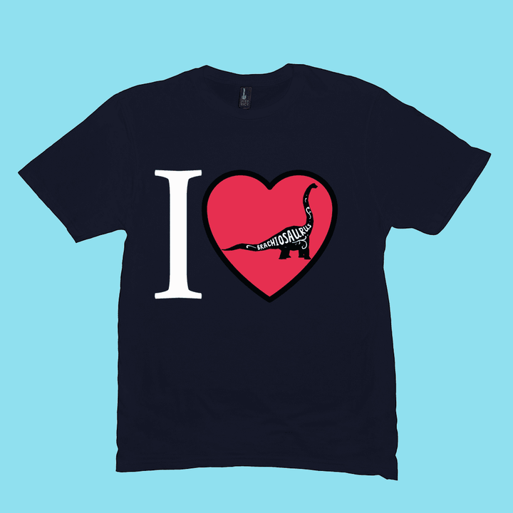 The Men I Love Brachiosaurus T-Shirt by Jurassic Studio features a black design with a red heart, white Brachiosaurus silhouette, and “BRACHIOSAURUS” text. Perfect for dinosaur fans. Light blue background.