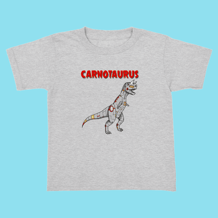 The Jurassic Studio Toddler Robot Carnotaurus T-Shirt in light gray features a cartoon robotic Carnotaurus with red accents and bold red CARNOTAURUS text, making it a perfect gift for young dinosaur fans.