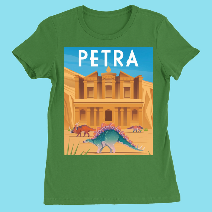 Exclusive to Jurassic Studio, the Women Petra T-Shirt features Petra’s iconic rock-cut architecture, three vibrant dinosaurs under a blue sky, and a bold PETRA logo—perfect for fans of unique women’s dinosaur tees.