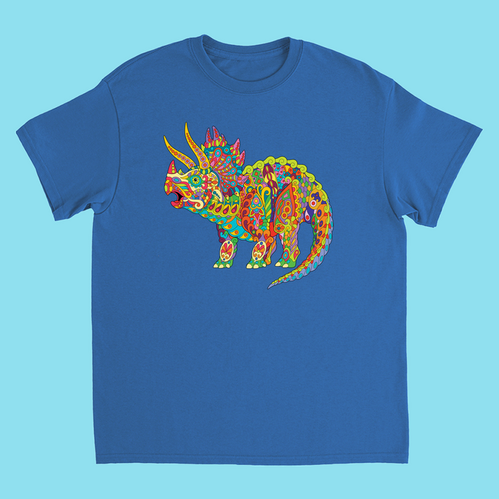 The Jurassic Studio Kids Triceratops Zentangle T-Shirt features a vibrant, intricately patterned dinosaur design in red, yellow, green, and blue—perfect for young dinosaur fans or as a unique Jurassic Studio gift.
