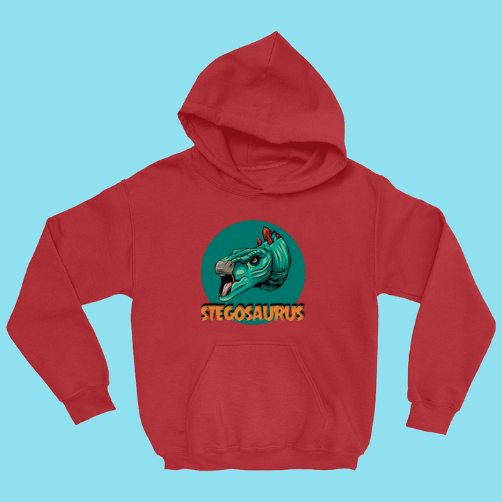 Bold and fun, the Kids Stegosaurus Head Hoodie by Jurassic Studio features a roaring green dinosaur head and STEGOSAURUS in bright yellow on a light blue background—the perfect dinosaur hoodie for young explorers!.