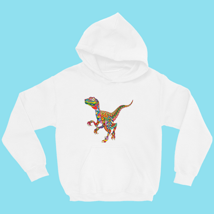 Kids Velociraptor Zentangle Hoodie by Jurassic Studio in white features a colorful patterned dinosaur graphic with red, yellow, green, and blue accents—ideal for fans of bold designs. Displayed on a light blue background.