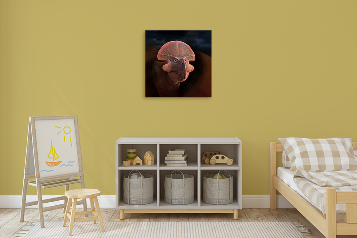 A cozy children’s room with yellow walls, a small bed, a white cubby shelf with baskets, an easel displaying a drawing, and the Protoceratops Portrait Canvas Wrap by Jurassic Studio as vibrant wall art above the shelf.