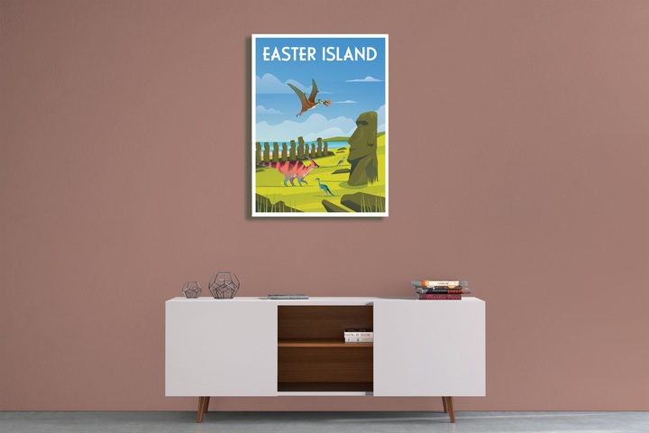 The Jurassic Studio Easter Island Canvas Wrap, featuring vibrant moai statues and a scenic landscape, hangs on a mauve wall above a modern white sideboard decorated with books, geometric accents, and additional canvas art.