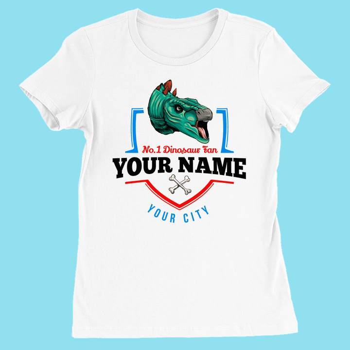 The N.1 Stegosaurus Fan Custom Women T-Shirt by Jurassic Studio features a colorful dinosaur head, No.1 Dinosaur Fan text, crossed bones, and customizable YOUR NAME and CITY—a fun personalized tee for dino fans!.