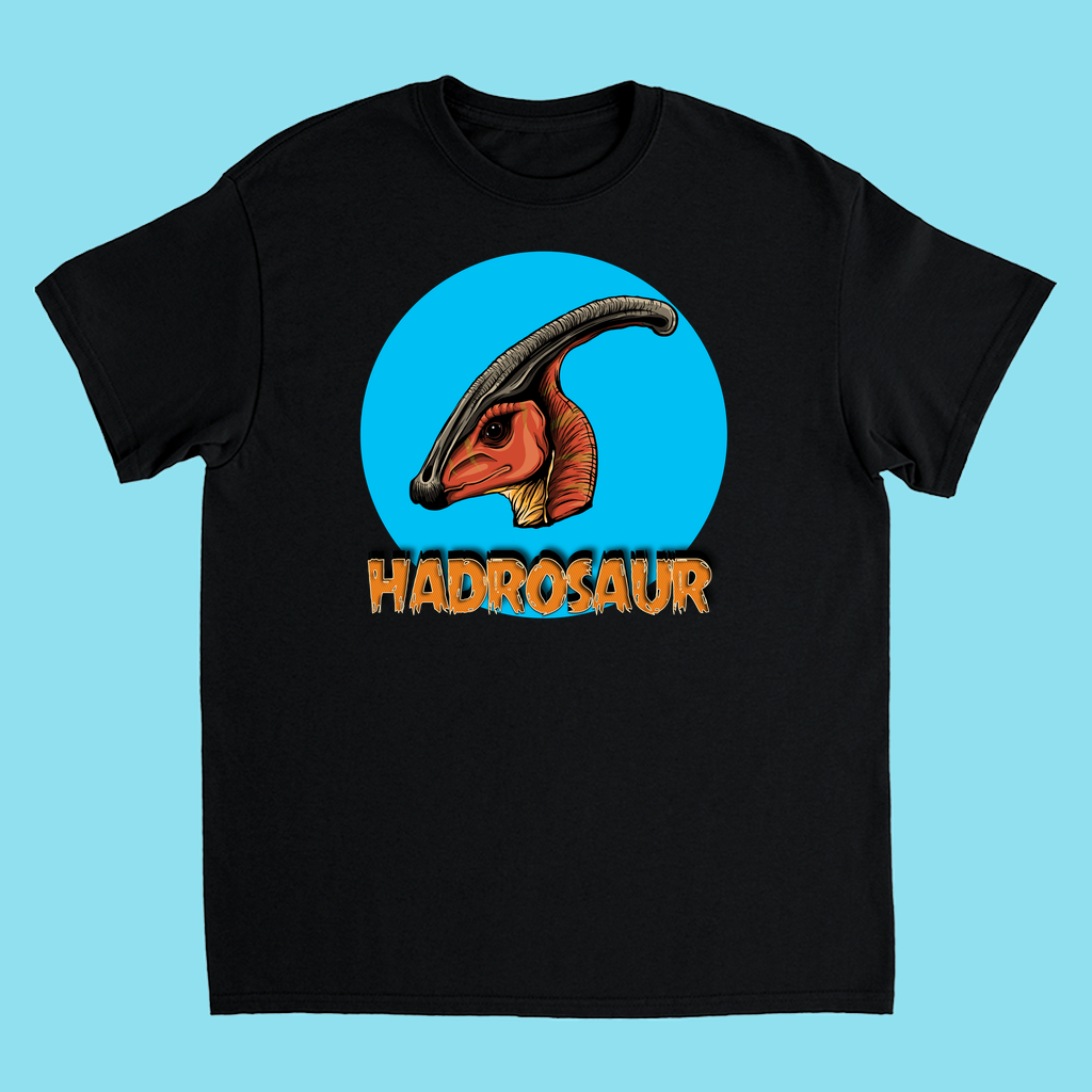 The Kids Hadrosaur Head T-Shirt by Jurassic Studio features a black tee with an illustrated hadrosaur head in a blue circle and HADROSAUR in bold orange letters—perfect for young dinosaur fans.