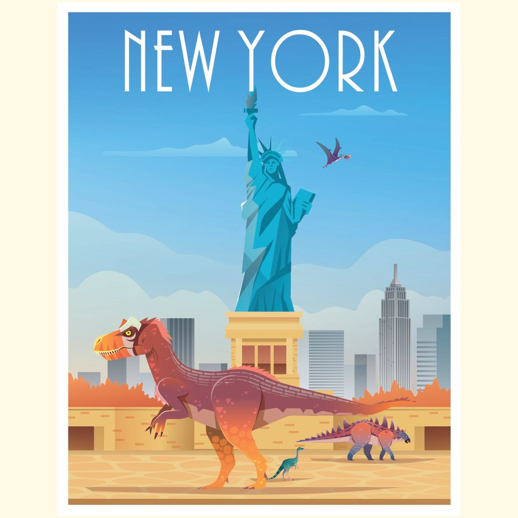 The New York Poster by Jurassic Studio features a vibrant illustration of the Statue of Liberty and city skyline with dinosaurs and a pterosaur in the foreground, blending prehistoric creatures with iconic landmarks under a blue sky.