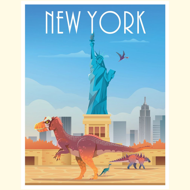 The New York Poster by Jurassic Studio features a vibrant illustration of the Statue of Liberty and city skyline with dinosaurs and a pterosaur in the foreground, blending prehistoric creatures with iconic landmarks under a blue sky.