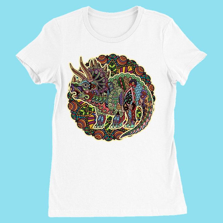 The Women Triceratops Mandala T-Shirt by Jurassic Studio features a vibrant, patterned triceratops design with bold abstract details on a light blue background—an exclusive and ideal dinosaur gift.