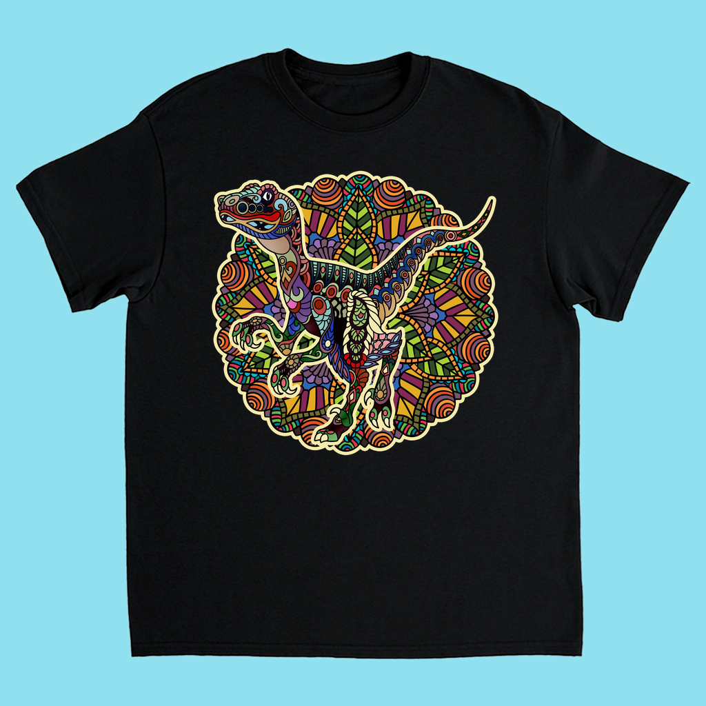 The Kids Velociraptor Mandala T-Shirt from Jurassic Studio features a black tee with a vibrant mandala-style dinosaur design—an ideal unique gift for any young dinosaur fan.