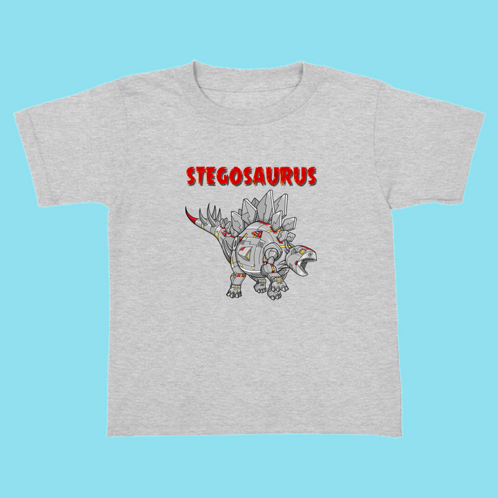 Jurassic Studio’s Toddler Robot Stegosaurus T-Shirt features a gray tee with a cartoon robotic stegosaurus, red accents, bold STEGOSAURUS lettering, and a blue background—perfect for dinosaur fans.