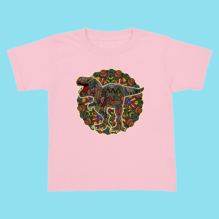 Jurassic Studio’s Toddler T-Rex Mandala T-Shirt is a 100% cotton top featuring a vibrant, detailed T-Rex mandala design—ideal for kids who love unique style and dinos.