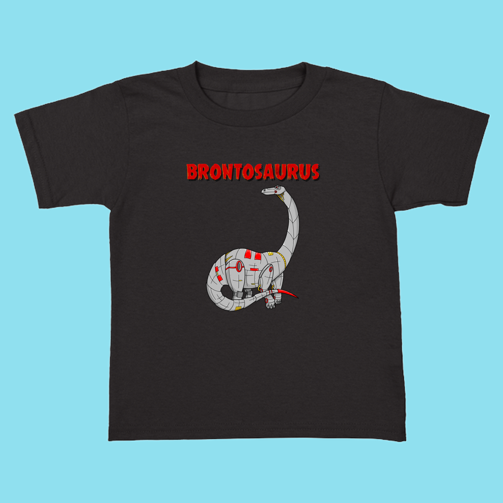 The Toddler Robot Brontosaurus T-Shirt by Jurassic Studio features a cartoon robotic brontosaurus with bold red BRONTOSAURUS text, perfect for dinosaur fans and displayed on a light blue background.