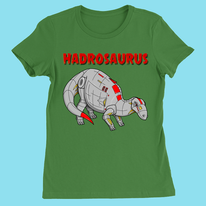The Women Robot Hadrosaur T-Shirt by Jurassic Studio features a cartoon robot dinosaur labeled HADROSAURUS in bold red, on green against light blue—a unique gift for dinosaur fans.