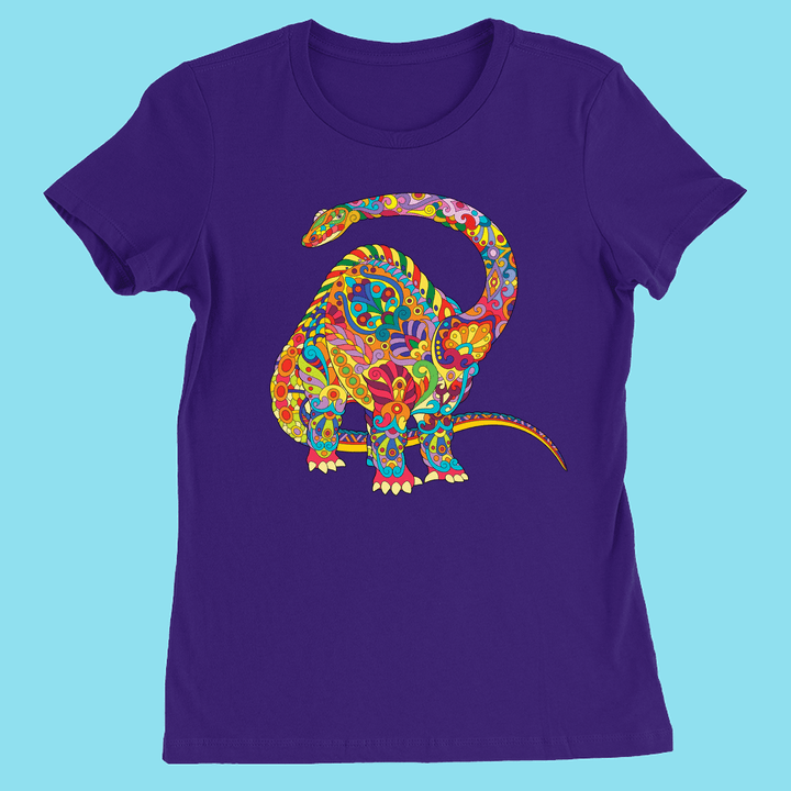 The Women Brontosaurus Zentangle T-Shirt by Jurassic Studio features a large, colorful brontosaurus with floral and paisley patterns on light blue, crafted from soft Airlume cotton.