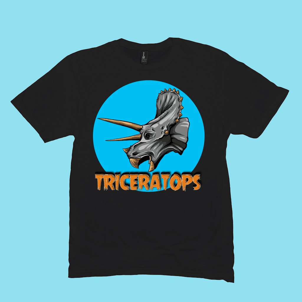 The Men Triceratops Head T-Shirt by Jurassic Studio features a bold triceratops graphic in a blue circle with “TRICERATOPS” in orange—an ideal gift for dinosaur fans.