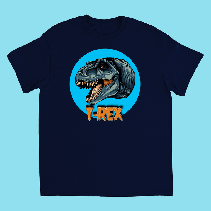 The Kids T-Rex Head T-Shirt by Jurassic Studio features a roaring T-Rex in a blue circle and bold orange T-REX text—perfect for young dinosaur fans.