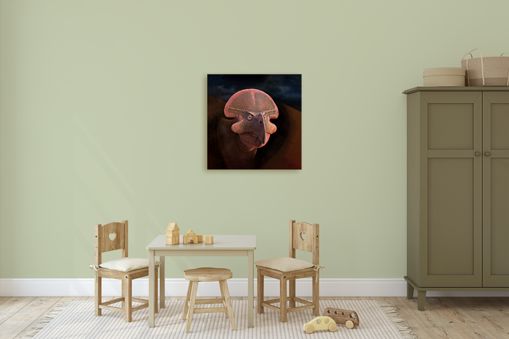 A children’s playroom with a small table, three wooden chairs, toys on the floor, a green wardrobe, and the Jurassic Studio Protoceratops Portrait Canvas Wrap wall art.