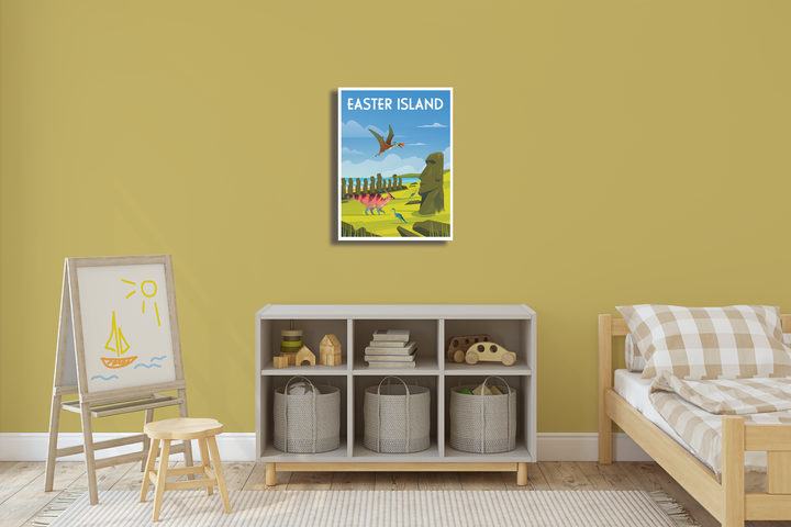 A cozy children’s room with yellow walls, a small bed, cubby shelf with baskets, drawing easel, and colorful wall art including the “Easter Island Canvas Wrap” by Jurassic Studio hanging above the shelf.
