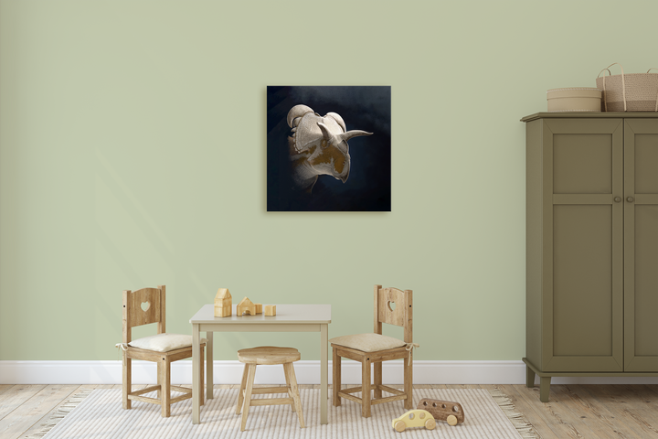 A children’s playroom with a small table and chairs, wooden toys, a green wardrobe, and Jurassic Studios Medusaceratops Portrait Canvas Wrap hanging on the light green wall.