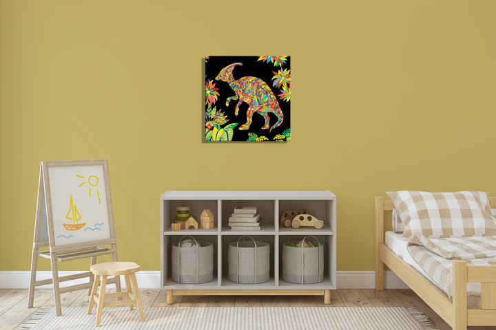 The Hadrosaur Zentangle Canvas Wrap by Jurassic Studio adds vibrant dinosaur art above a white storage shelf in a childs bedroom, which also features baskets, a wooden bed, and an easel with a sun and boat drawing.