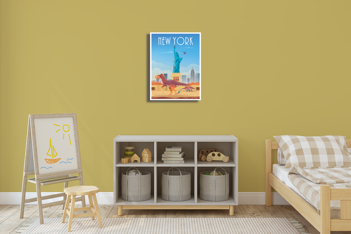 A cozy kids’ room with yellow walls, a small bed, storage shelf with baskets, wooden chair by an easel showing a child’s drawing, and framed dinosaur art decor alongside the Jurassic Studio New York Canvas Wrap on the wall.