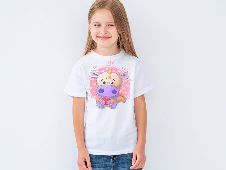 A young girl with long blonde hair wears a Kids Pink Baby Dino T-Shirt by Jurassic Studio, standing against a plain white background and smiling.