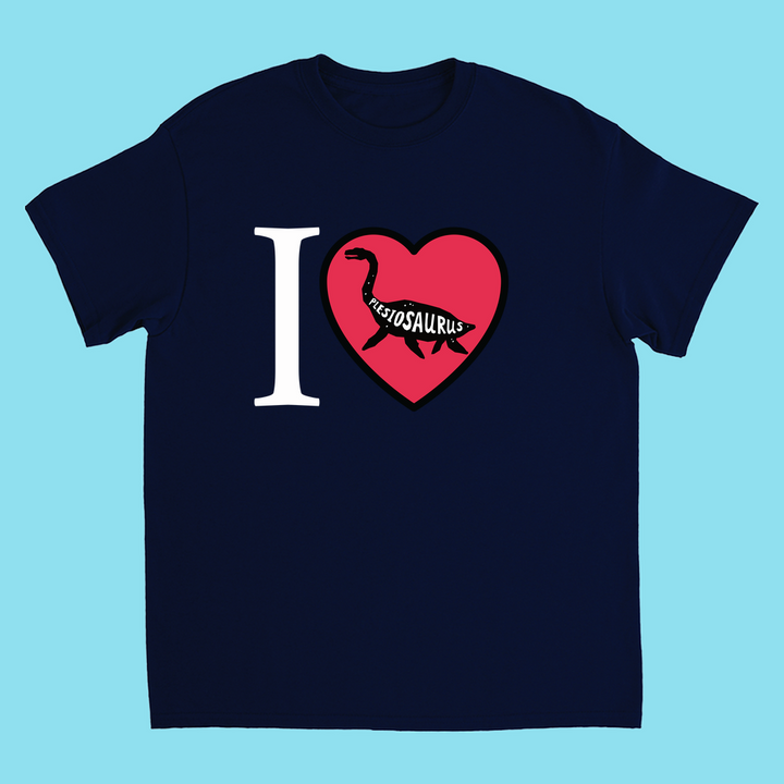 The Kids I Love Plesiosaurus T-Shirt by Jurassic Studio features a navy blue design with an I ♥ PLESIOSAURUS print, where the heart contains a plesiosaurus silhouette and text. Perfect gift for dino fans!.