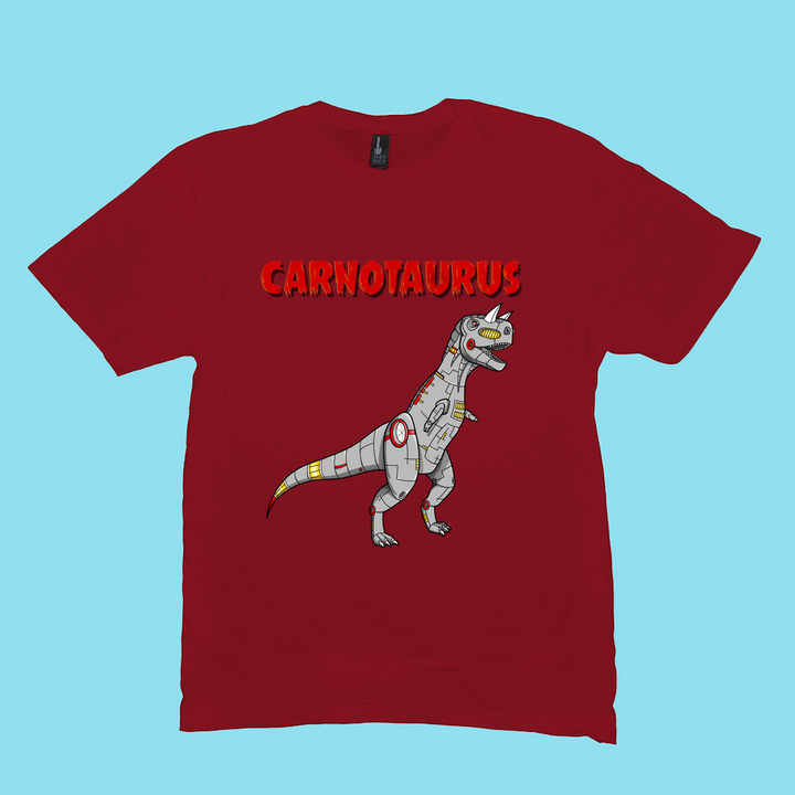 The Men Robot Carnotaurus T-Shirt by Jurassic Studio features bold red CARNOTAURUS text over a gray robotic dinosaur with yellow eyes and red accents on a light blue background—perfect for dinosaur fans.