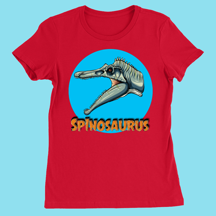 The Women Spinosaurus Head T-Shirt by Jurassic Studio features a red design with an illustrated Spinosaurus head in a blue circle and bold yellow SPINOSAURUS text—perfect for dinosaur fans and exclusive to Jurassic Studio.