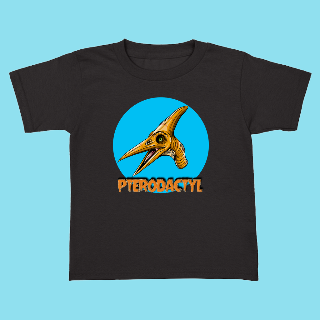 Jurassic Studio’s Toddler Pterodactyl Head T-Shirt features a cartoon pterodactyl head in a blue circle with bold orange PTERODACTYL—an ideal dinosaur-themed gift for toddlers.