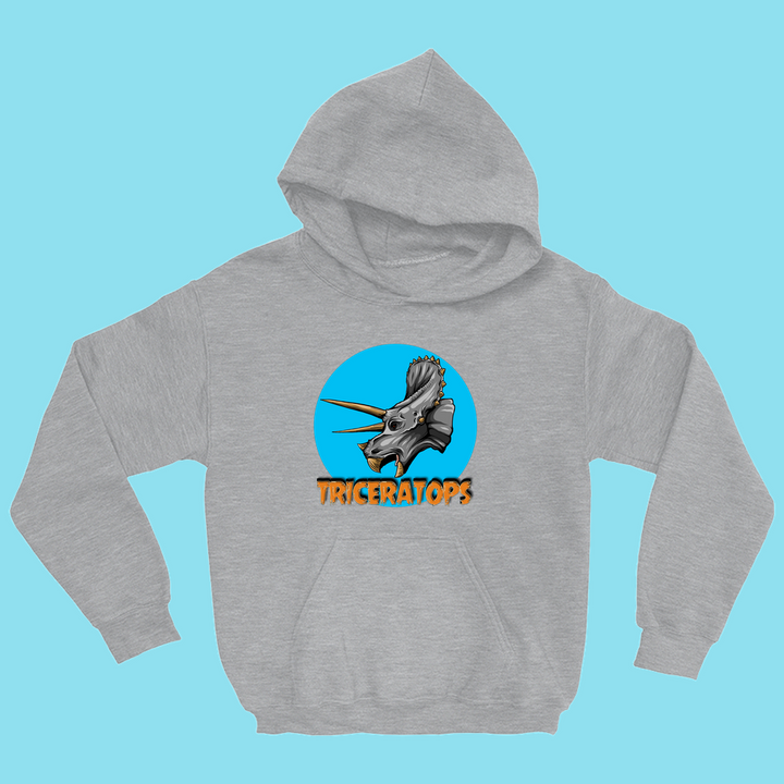 Jurassic Studio Kids Triceratops Head Hoodie in gray features a bold triceratops head inside a blue circle with TRICERATOPS in yellow, shown on a light blue background.