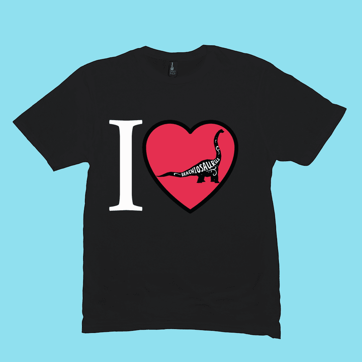 The Men I Love Brachiosaurus T-Shirt by Jurassic Studio features a black tee with a red heart, white Brachiosaurus silhouette, and BRACHIOSAURUS text—an exclusive gift for any dinosaur fan.