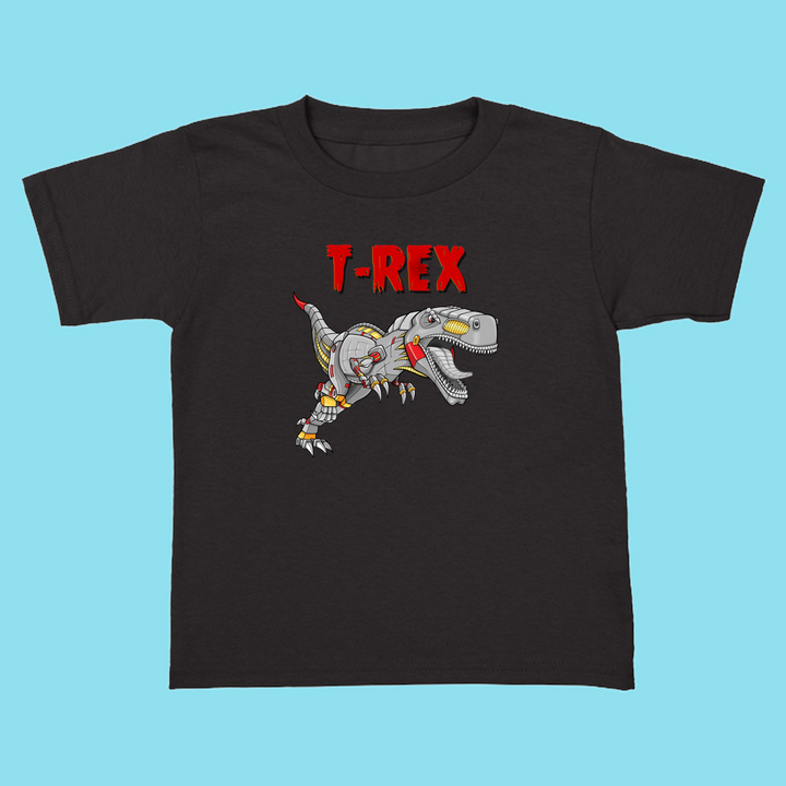 The Jurassic Studio Toddler Robot T-Rex T-Shirt features a cartoon robot T-Rex with yellow eyes, red accents, and bold red T-REX text on black—an ideal gift for dinosaur fans.