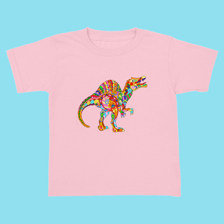 The Toddler Spinosaurus Zentangle T-Shirt by Jurassic Studio features a colorful, patterned dinosaur graphic—an exclusive gift for little dino fans. Shown on a solid light blue background.