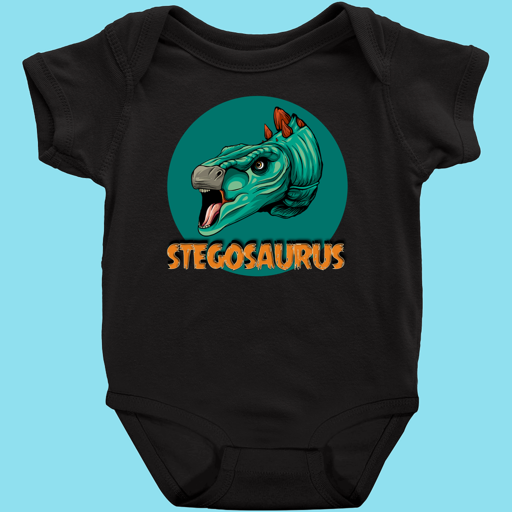 The Jurassic Studio Toddler Stegosaurus Head Onesie features a black design with a vibrant cartoon Stegosaurus head in a green circle and bold orange STEGOSAURUS text under the illustration.